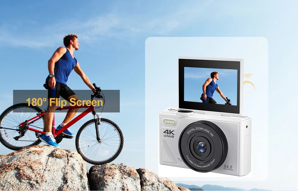 "64MP 4K Digital Camera – Flip Screen, WiFi, 18X Zoom & Vintage Vlogging Style"