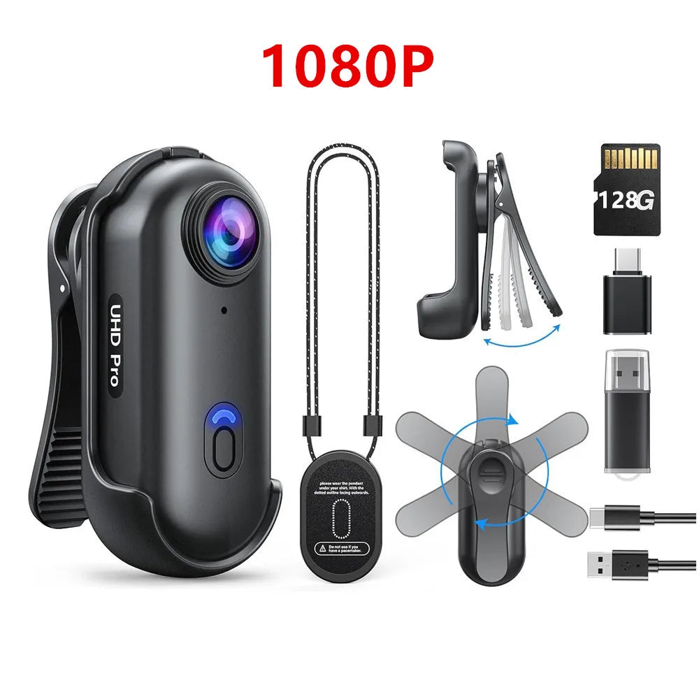 4K Mini Wearable Camera – 1080P, 128GB, Rotatable Clip & Helmet Mount
