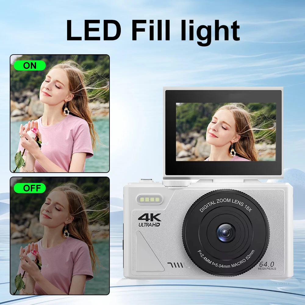 "64MP 4K Digital Camera – Flip Screen, WiFi, 18X Zoom & Vintage Vlogging Style"