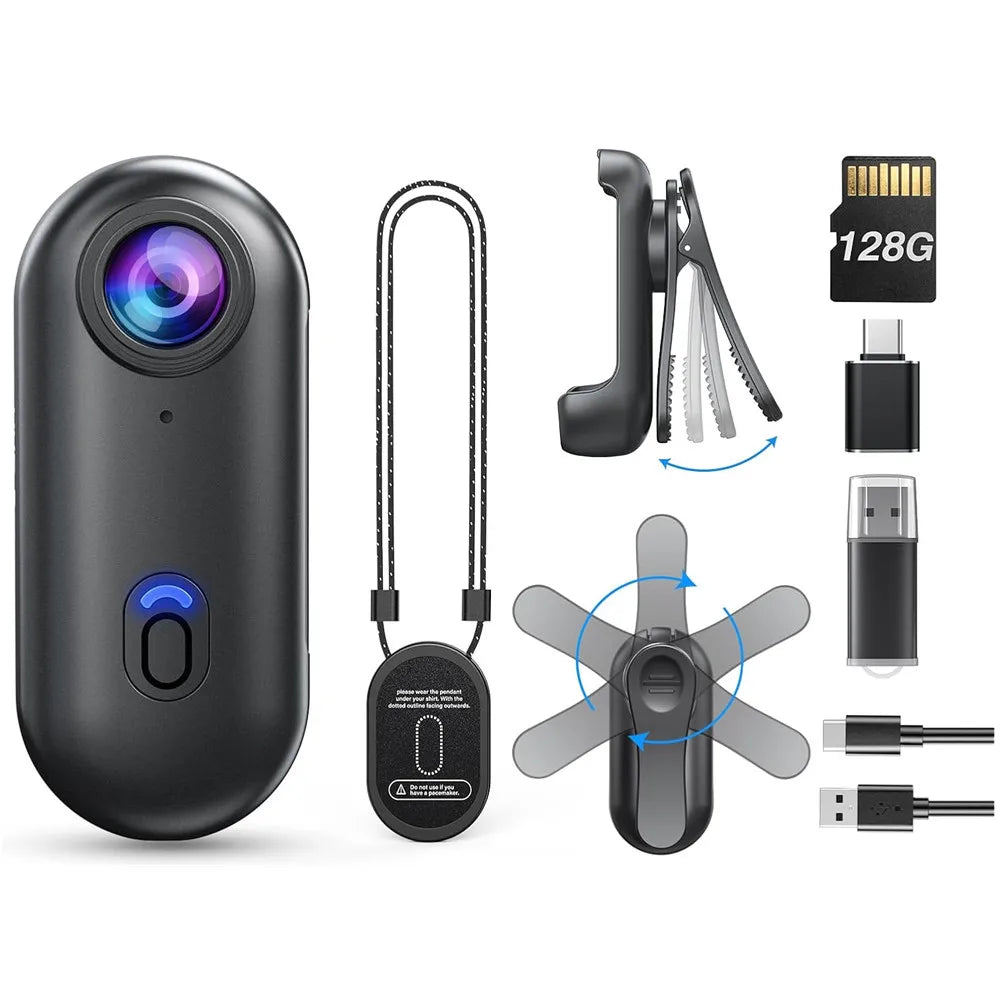 4K Mini Wearable Camera – 1080P, 128GB, Rotatable Clip & Helmet Mount