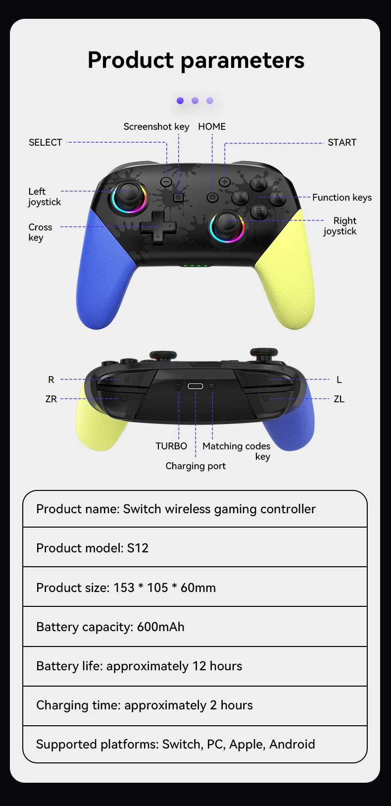 Wireless RGB Game Controller for Switch OLED / Lite – Turbo, Programmable, 600/1000mAh Battery