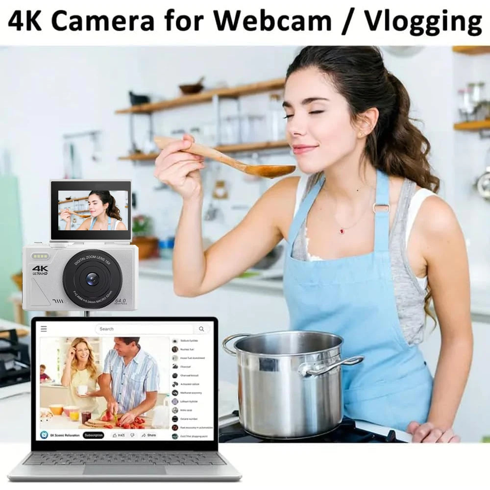 "64MP 4K Digital Camera – Flip Screen, WiFi, 18X Zoom & Vintage Vlogging Style"