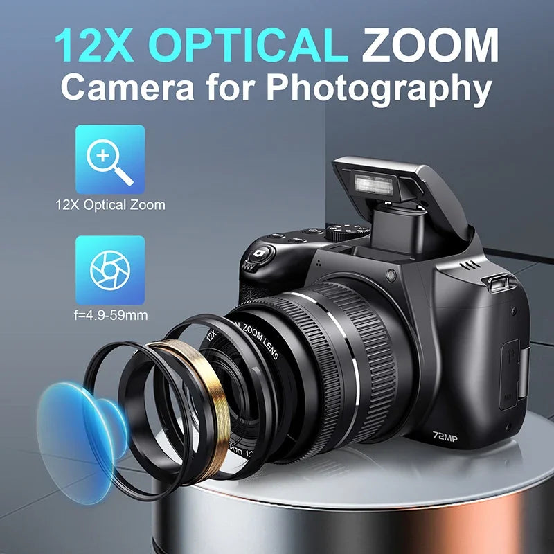 "72MP 4K DSLR – 12X Zoom, 3” Flip Screen, YouTube & Vlog Ready"