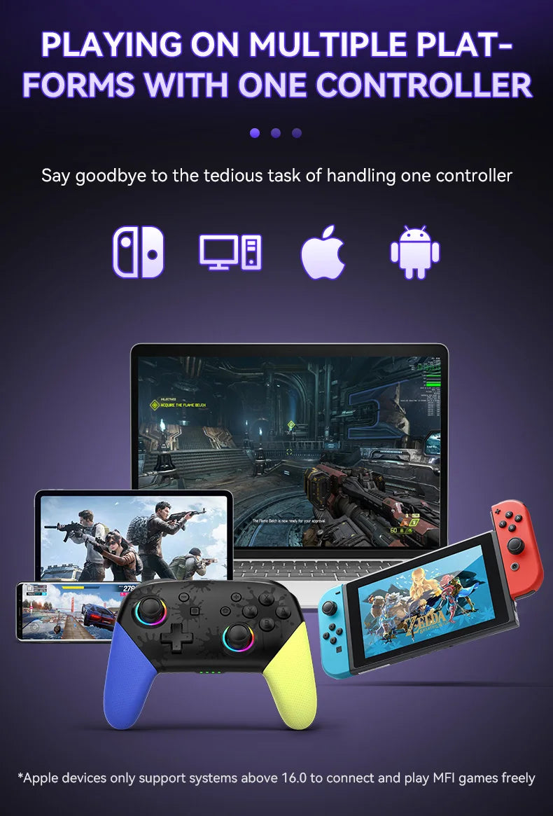 Wireless RGB Game Controller for Switch OLED / Lite – Turbo, Programmable, 600/1000mAh Battery