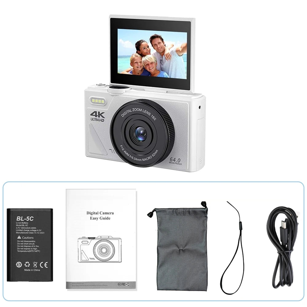 "64MP 4K Digital Camera – Flip Screen, WiFi, 18X Zoom & Vintage Vlogging Style"