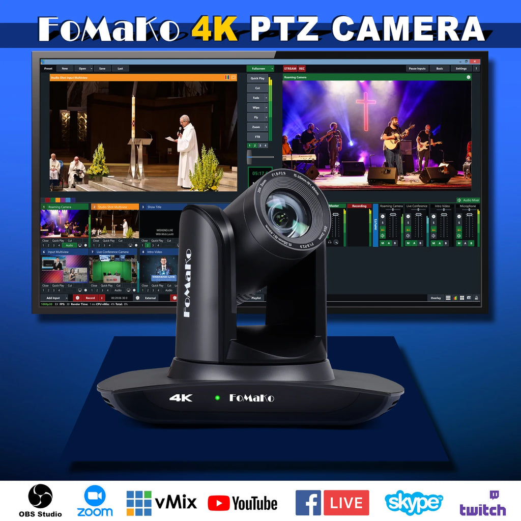 "FoMaKo 4K PTZ Camera – 20X Zoom, AI Auto-Tracking, HDMI, PoE (3pcs) for Church & Education"