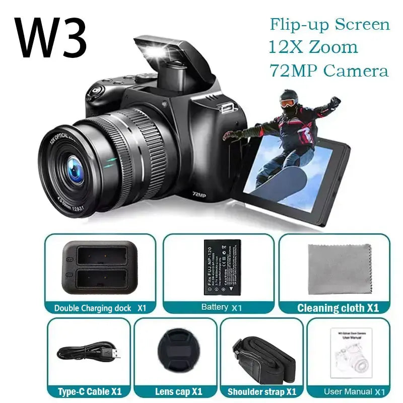 "72MP 4K DSLR – 12X Zoom, 3” Flip Screen, YouTube & Vlog Ready"