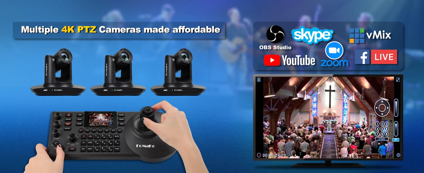"FoMaKo 4K PTZ Camera – 20X Zoom, AI Auto-Tracking, HDMI, PoE (3pcs) for Church & Education"