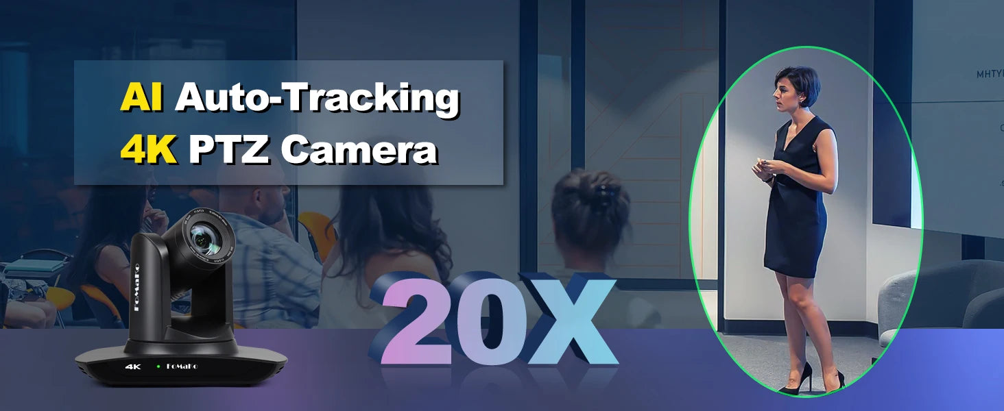 "FoMaKo 4K PTZ Camera – 20X Zoom, AI Auto-Tracking, HDMI, PoE (3pcs) for Church & Education"