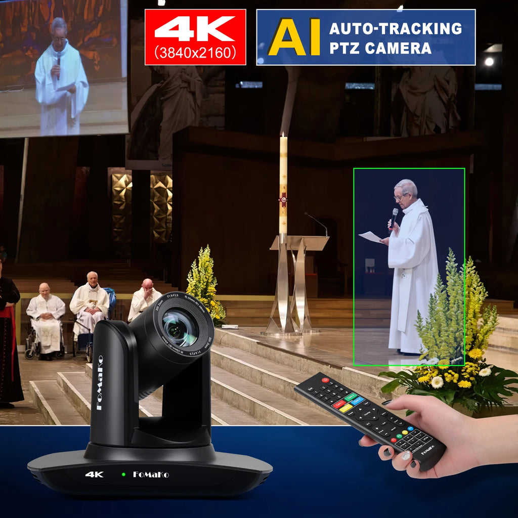 "FoMaKo 4K PTZ Camera – 20X Zoom, AI Auto-Tracking, HDMI, PoE (3pcs) for Church & Education"