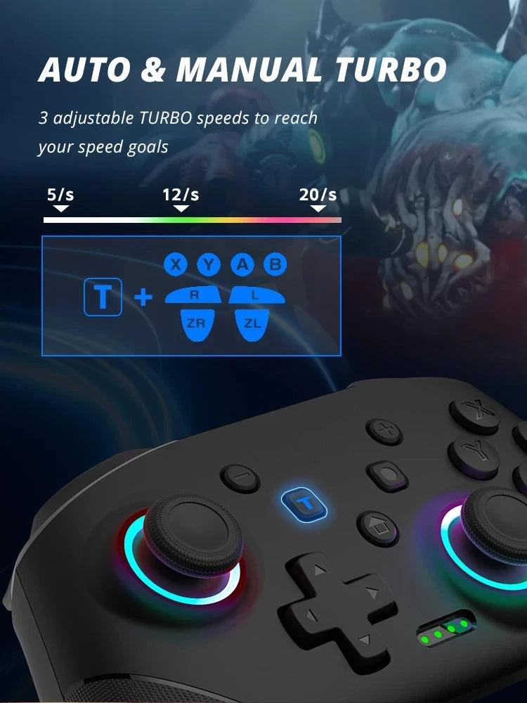 Wireless RGB Game Controller for Switch OLED / Lite – Turbo, Programmable, 600/1000mAh Battery