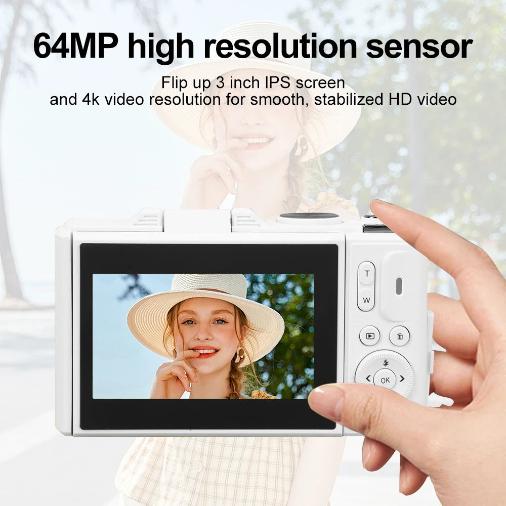 "64MP 4K Digital Camera – Flip Screen, WiFi, 18X Zoom & Vintage Vlogging Style"