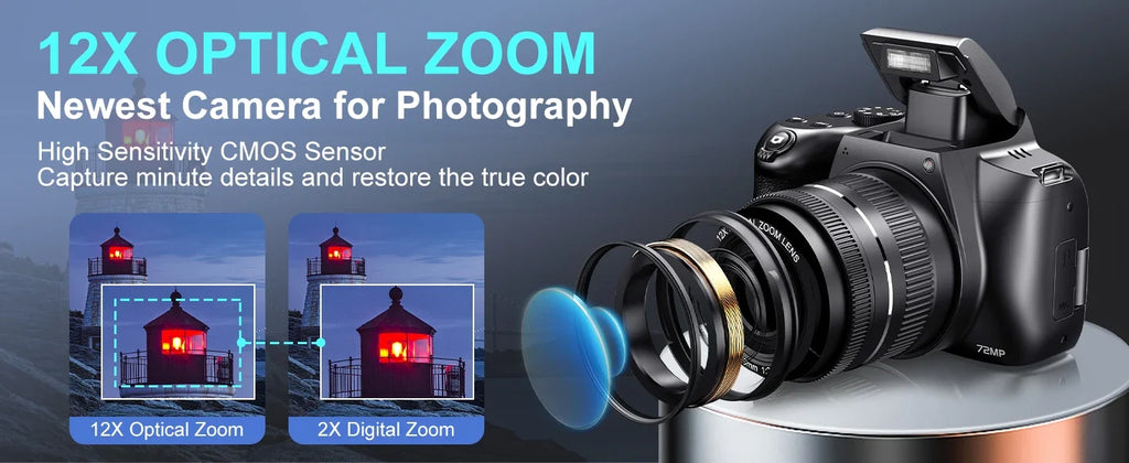 "72MP 4K DSLR – 12X Zoom, 3” Flip Screen, YouTube & Vlog Ready"