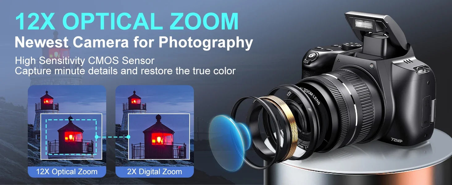 "72MP 4K DSLR – 12X Zoom, 3” Flip Screen, YouTube & Vlog Ready"
