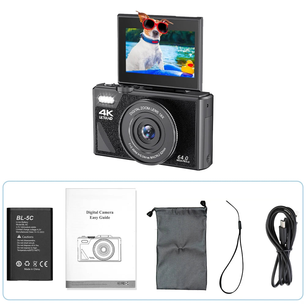 "64MP 4K Digital Camera – Flip Screen, WiFi, 18X Zoom & Vintage Vlogging Style"