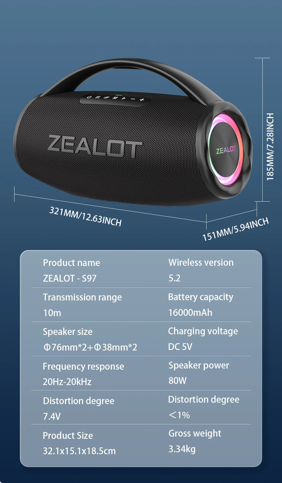 ZEALOT S97 – 80W Wireless Outdoor Speaker, HiFi Sound, Dual Pairing, Fast Charging 16,000mAh"

يم