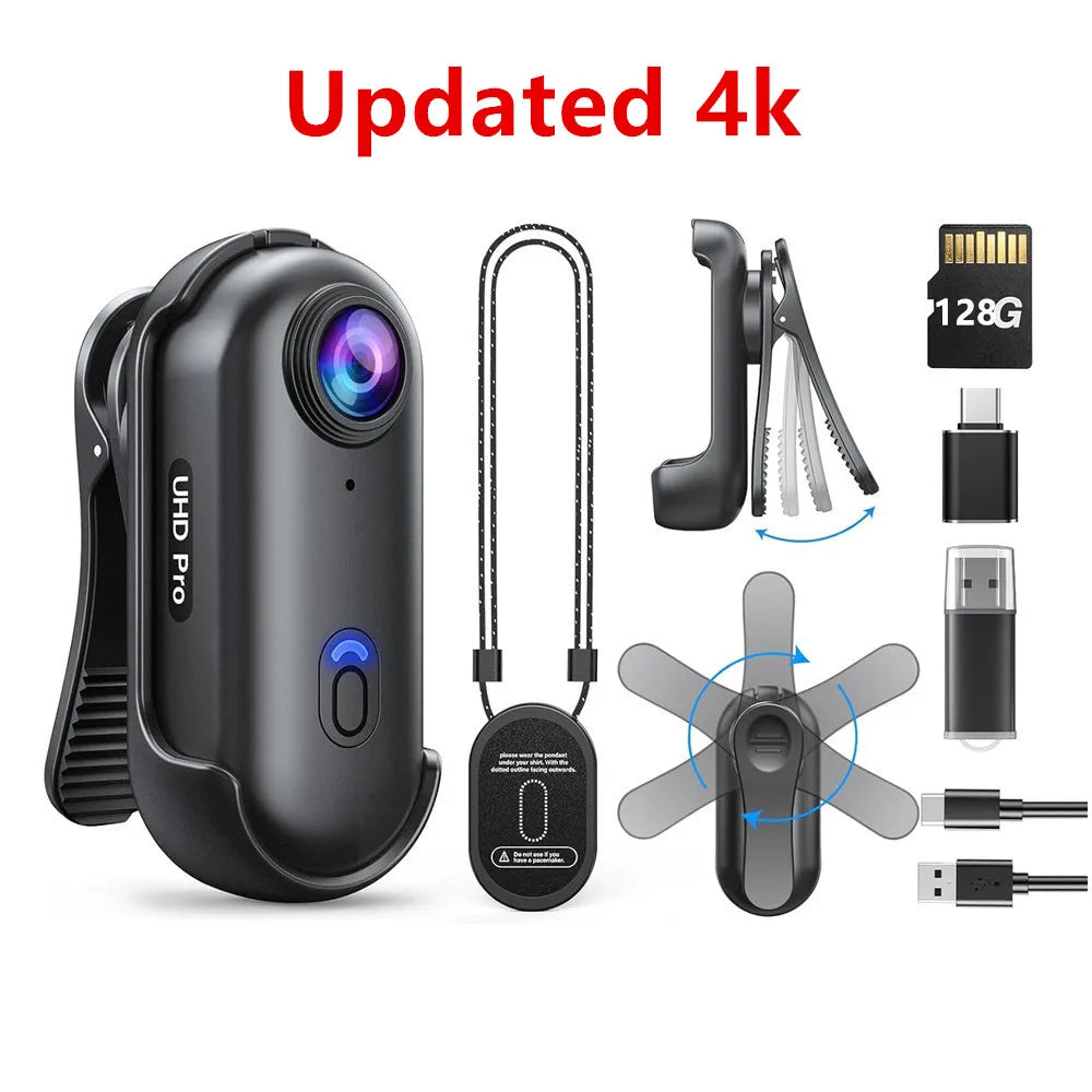 4K Mini Wearable Camera – 1080P, 128GB, Rotatable Clip & Helmet Mount