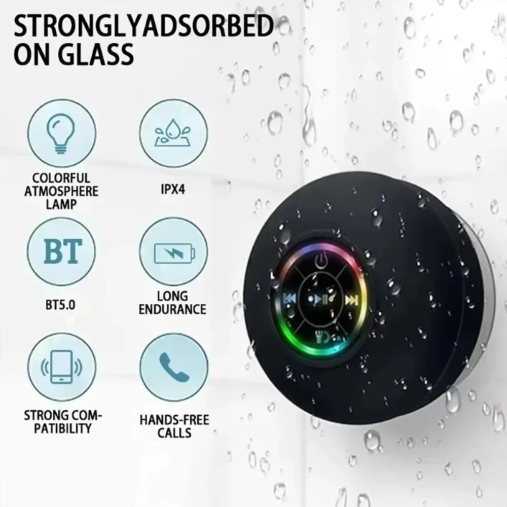 Portable Bluetooth Speaker – LED, IPX4 Waterproof, Loud Mini Stereo with Suction Cup
