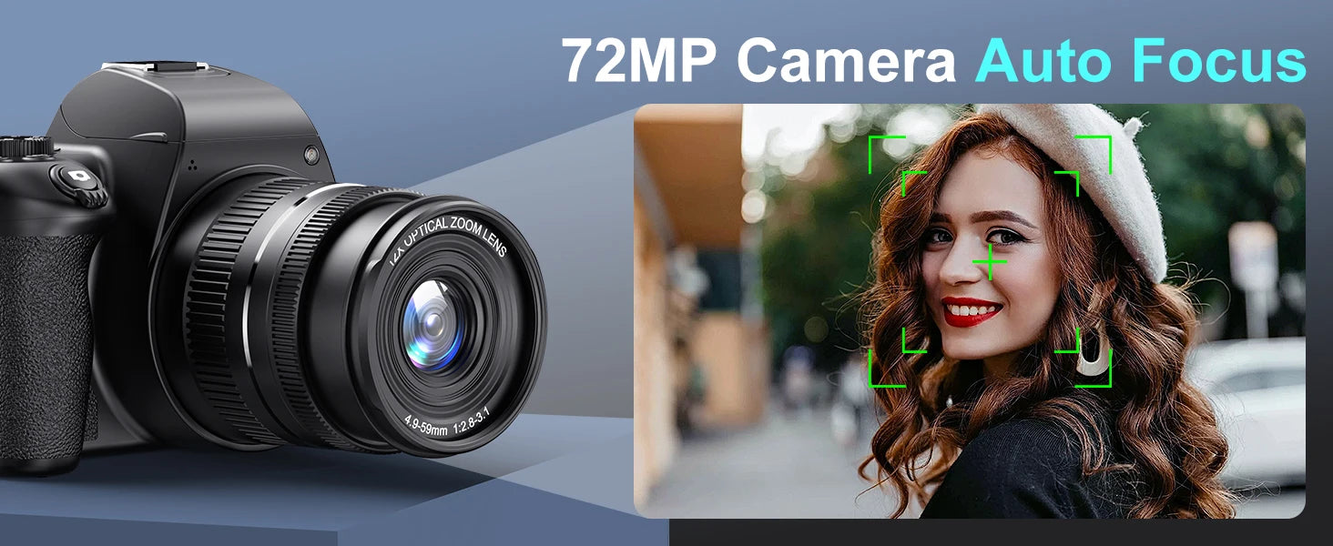 "72MP 4K DSLR – 12X Zoom, 3” Flip Screen, YouTube & Vlog Ready"