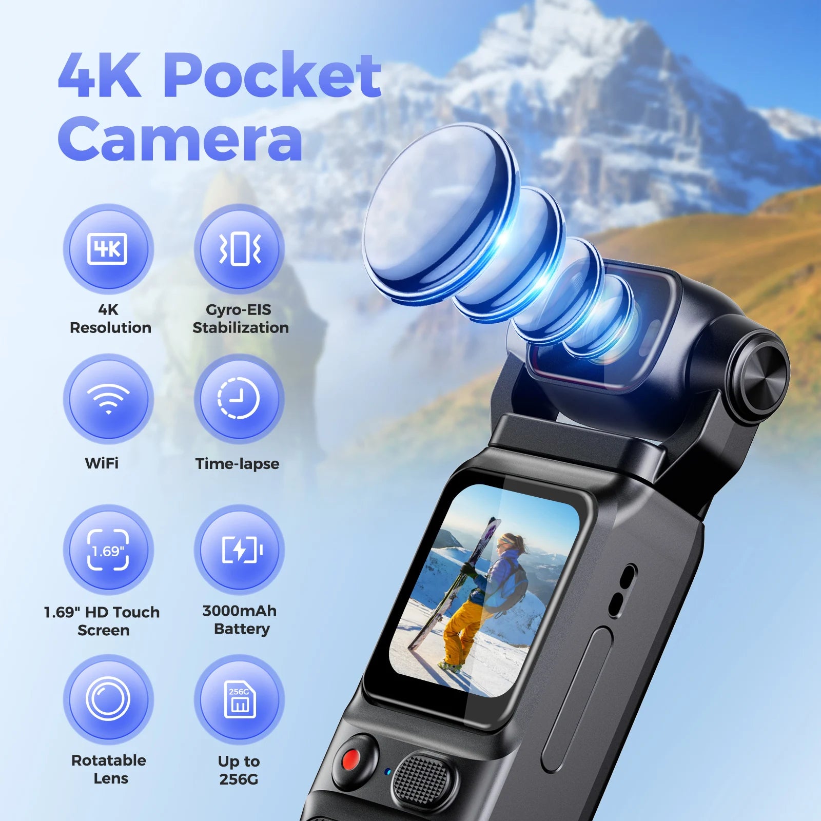 4K Pocket Action Camera – Touch Screen, Stabilized, Portable Vlog & Sport Cam