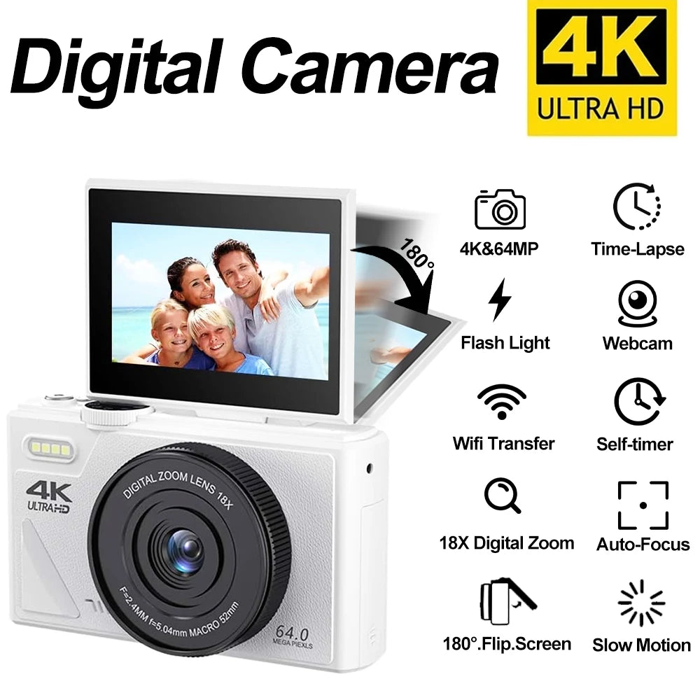 "64MP 4K Digital Camera – Flip Screen, WiFi, 18X Zoom & Vintage Vlogging Style"