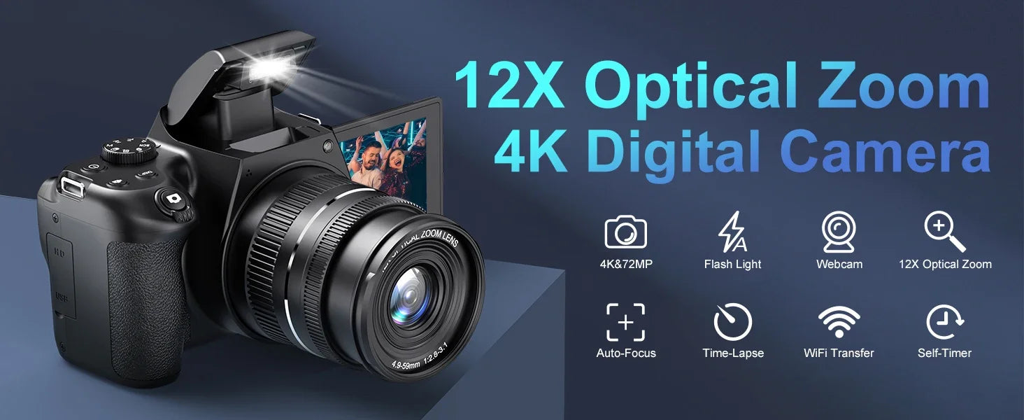 "72MP 4K DSLR – 12X Zoom, 3” Flip Screen, YouTube & Vlog Ready"