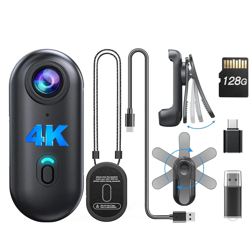 4K Mini Wearable Camera – 1080P, 128GB, Rotatable Clip & Helmet Mount
