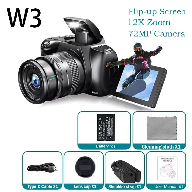 "72MP 4K DSLR – 12X Zoom, 3” Flip Screen, YouTube & Vlog Ready"