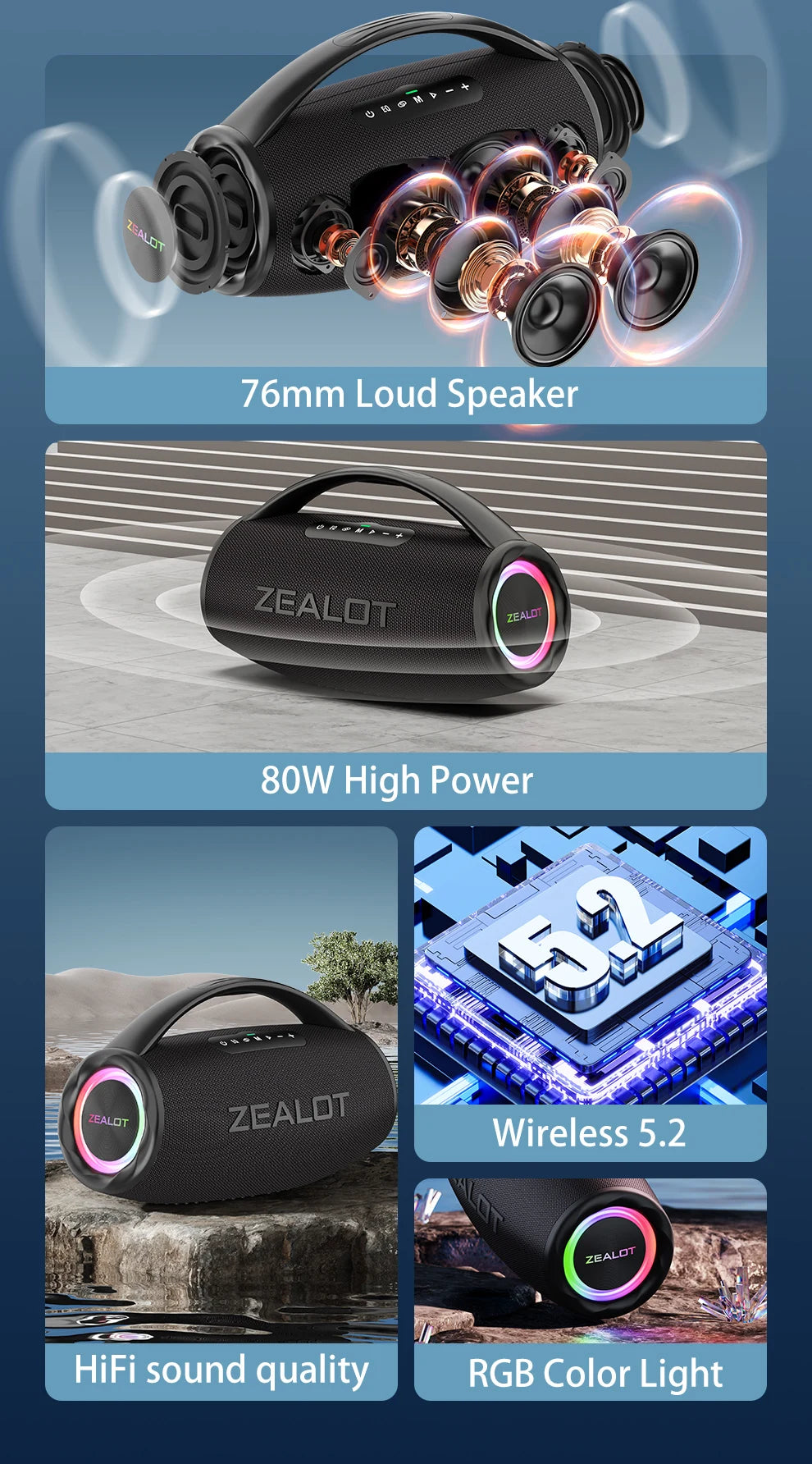 ZEALOT S97 – 80W Wireless Outdoor Speaker, HiFi Sound, Dual Pairing, Fast Charging 16,000mAh"

يم